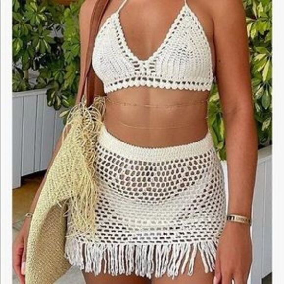 New Crochet Knit 2 Piece Swimsuit Bikini Cover Up Set - Picture 1 of 6